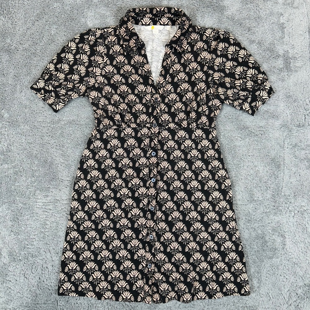 Boden Black Tan Floral Cotton Jersey Button Front Shirt Dress Petite 4P D0622
